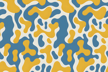 Obraz premium Seamless retro pattern of flowing yellow organic shapes on a white background, featuring bold 1960s psychedelic design with smooth curves and vibrant color contrast.