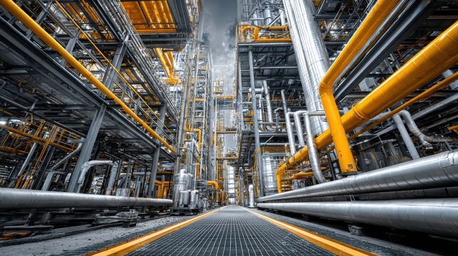 Industrial plant interior featuring pipes, steel structures, and walkways. It depicts complex machinery, suitable for engineering or manufacturing.