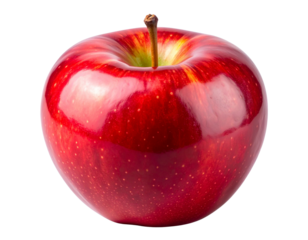 A single ripe red apple viewed straight on, smooth glossy skin with subtle highlights, small stem visible, natural curvature and color gradient, isolated cleanly on a transparent PNG background. 