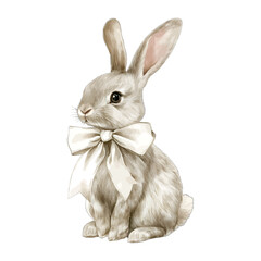 Watercolor white or grey rabbit with large white bow, Easter bunny vector

