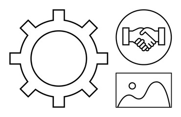 Workflow concept. Gear cog and handshake teamwork and process efficiency, while a landscape image suggests creativity and design. Workflow optimization, teamwork, communication, design, and branding