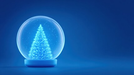 Blue Christmas tree snow globe on blue background, winter holiday ornament, glowing fir inside glass sphere, festive seasonal decoration, soft falling snow