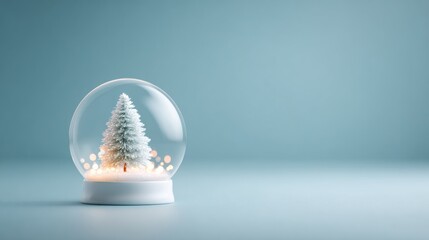 Snow globe miniature tree winter scene blue background holiday decoration bokeh lights glass dome snowy base fir tree festive ornament seasonal Christmas celebration macro still life isolated