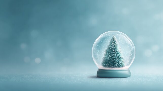 Miniature snow globe christmas tree winter decoration glass dome snowfall holiday ornament teal background festive scene - Powered by Adobe