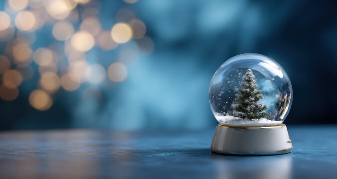Snow globe with miniature Christmas tree and falling snow on reflective surface with soft bokeh lights creating cozy festive atmosphere - Powered by Adobe