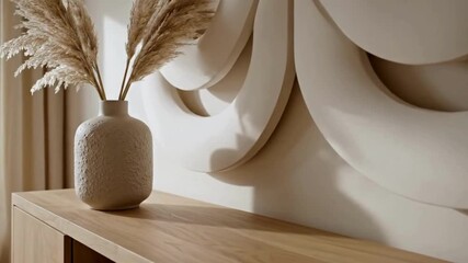 Neutral toned room decor with pampas grass in vase and modern wall art creates a calming, minimal, and aesthetically pleasing visual