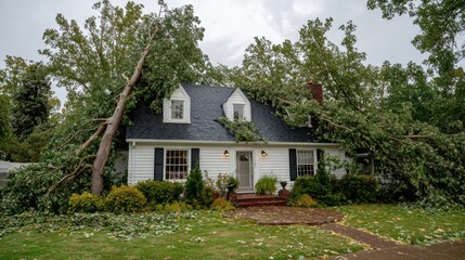 Fototapeta premium A large tree has fallen, resting on the roof of a white, two-story suburban house. Use this image to illustrate the impact of storms, home insurance claims.
