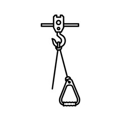 Outline icon of an industrial crane lifting hook with attached sling and grip handle