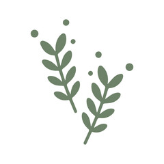 Illustration of two olive green sprigs with small round dots scattered around them on a white background