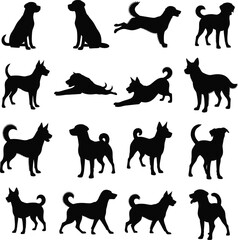 Collection of dog silhouettes in various poses on white background