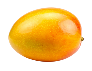  A single ripe mango viewed straight on, smooth yellow-orange skin with subtle gradient and texture, soft natural highlights, clean silhouette, isolated on a transparent PNG background.