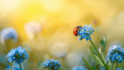 Close-up of a vibrant blue forget-me-not flower with a ladybug resting on the petals, captured in natural sunlight with shallow depth of field