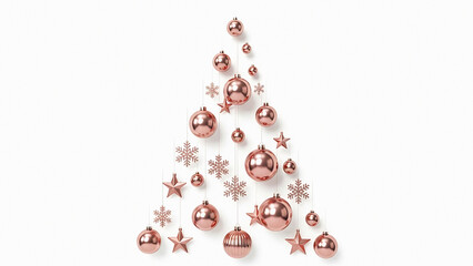 Elegant Christmas tree design with rose gold ornaments and snowflakes against a bright white backdrop for stylish holiday cards and modern festive decor