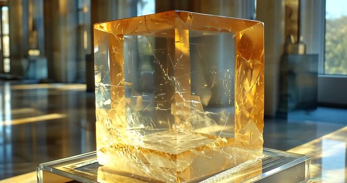 A transparent crystal cube is displayed in a museum, reflecting light and showcasing its geometric design in a modern interior.