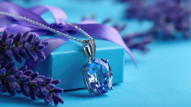 Elegant blue gemstone pendant necklace on a vibrant turquoise background with gift box and lavender flowers, perfect for jewelry lovers and gifting occasions.