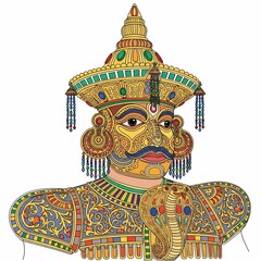 Fototapeta premium Exquisite Golden Masked Figure Adorned with Intricate Ornate Details and Cobra Symbolism Capturing Ancient Mystique