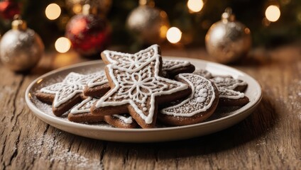 Delicious Christmas Star and Moon Shaped Gingerbread Cookies Decorated with White Icing on a Rustic Wooden Table with Bokeh Lights.