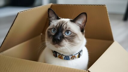Cute siamese cat with striking blue eyes wearing a decorative collar sitting inside a plain brown cardboard box looking curiously at the camera