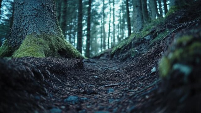 Video Moss-covered forest path, serene and natural environment