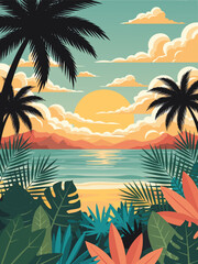 Tropical paradise illustration featuring a vibrant sunset over the ocean, framed by lush palm trees and exotic foliage