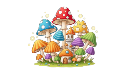 Colorful Mushrooms and Fairy House Illustration