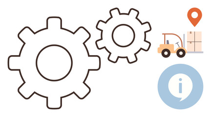 Gears symbolizing process, forklift beside goods, location marker, and info bubble. Ideal for logistics, automation, supply chain, technology delivery innovation and management. Simple flat