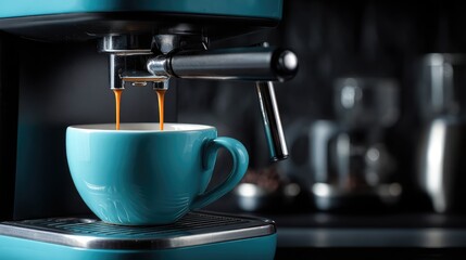 Close-Up of Espresso Machine Brewing Fresh Coffee Into Stylish Turquoise Cup in Modern Kitchen Setting with Blurred Background Elements
