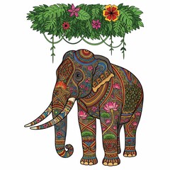 Fototapeta premium Vibrant, intricately decorated elephant adorned with colorful patterns and lush floral crown, evoking exoticism and cultural richness for design inspiration.