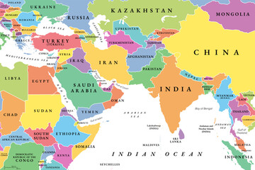 West Asia and South Asia, multi colored political map with countries and international borders. Western or Southwest Asia, with the Middle East, and South Asia, with the Indian subcontinent. Vector