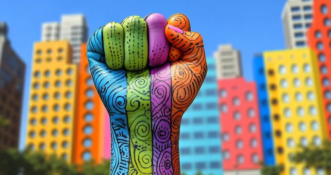 A colorful painted fist rises against a vibrant city backdrop, symbolizing unity and empowerment with artistic flair. High angle, dynamic motion.