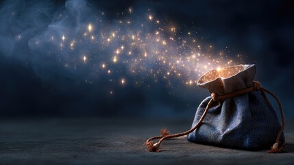 Magical fabric pouch releasing sparkling particles into the air, creating a mystical atmosphere of wonder and enchantment with a soft blue smoky background