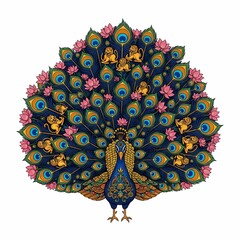 Majestic peacock displays vibrant fanned tail adorned with intricate patterns and golden lions, symbolizing power and beauty in a stunning cultural representation
