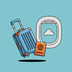 Flat Airport Travel Illustration &ndash; Suitcase and Passport with Airplane Window
