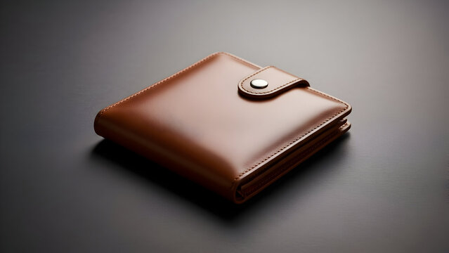 Brown leather wallet with button closure on dark background close up view