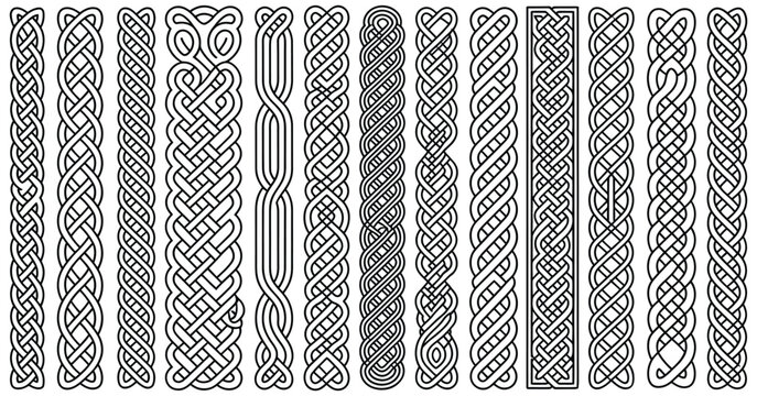 Celtic patterns, irish knot and braid seamless borders, vector illustration set of decorative elements, suitable for design projects, cultural artwork, and ornamental graphics.