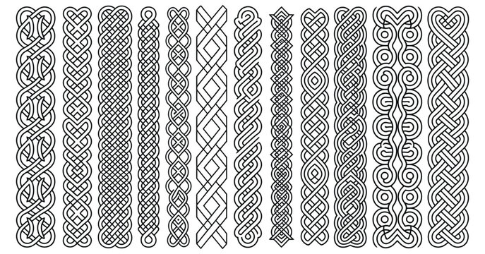 Celtic braid elements, irish seamless patterns, knotted ornament borders, isolated vector illustration set, ideal for design, decorative, cultural, and traditional artwork projects.