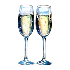 Two watercolor champagne flutes, sparkling wine, celebration vector
