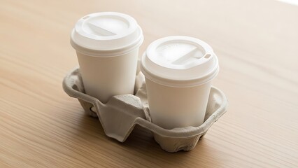 Two White Paper Coffee Cups in a Cardboard Tray on a Wooden Table disposable