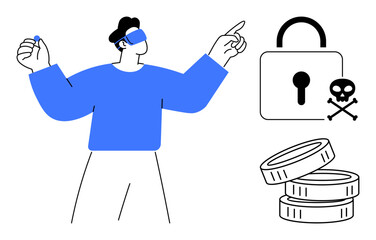 Cybersecurity, digital risks, online safety, data protection, identity theft, financial security. Person with VR headset pointing at a lock with coins and a skull icon. Cybersecurity and digital