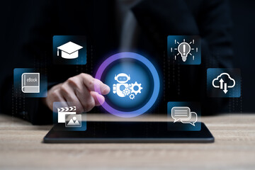 AI Training for Business development and Machine Learning Concept, Businesswomen use a tablet and AI Models with Automated Systems, Electronic book, New Idea, Data Management for Images, Videos