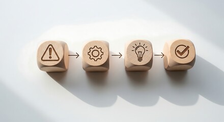 Wooden blocks illustrating a problem-solving process from issue identification to successful solution.