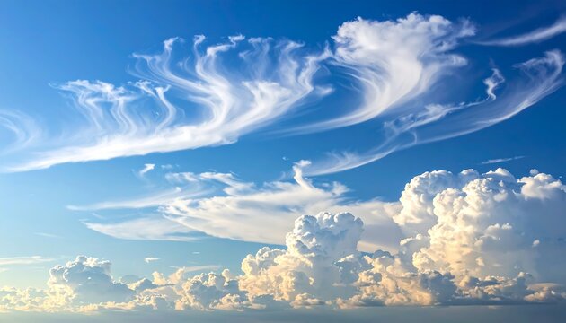 Stunning photo of a bright blue sky filled with wispy and puffy clouds