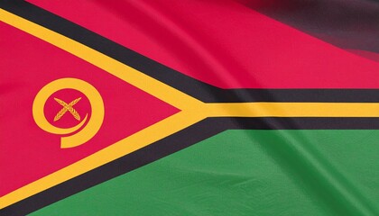 Vanuatu flag with red and green bands, black triangle, yellow Y-shape, boar tusk and namele leaves.