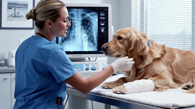 Smiling vet pats golden retriever with broken leg, x-ray in background