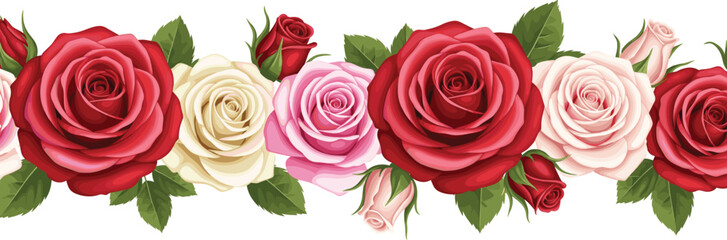 Elegant vector illustration of a decorative rose border featuring red, pink, and white roses with lush green leaves for floral designs.