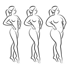 Collection. Silhouette of a beautiful woman figure. The lady is standing. The girl is thin, slender, and the woman is fat. Set of vector illustrations.