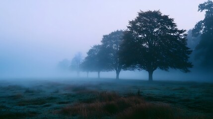 A serene mist shrouded landscape features a line of silhouetted trees disappearing into the atmospheric fog at dawn