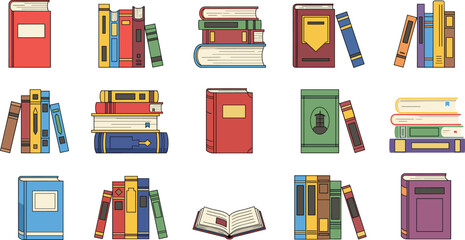 Colorful vector collection of assorted books, stacked books, open books, and decorative covers for education, library, reading, and academic design projects.