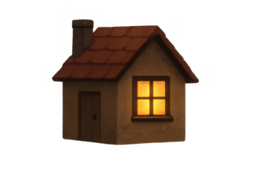 Cozy small home illustration with glowing window light, depicting comfort, warmth, and hearth on transparent background
