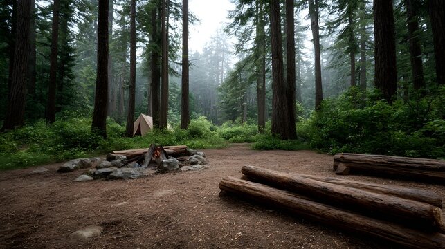 A serene forest campsite with a burning campfire logs for seating and a tent visible in the misty woods